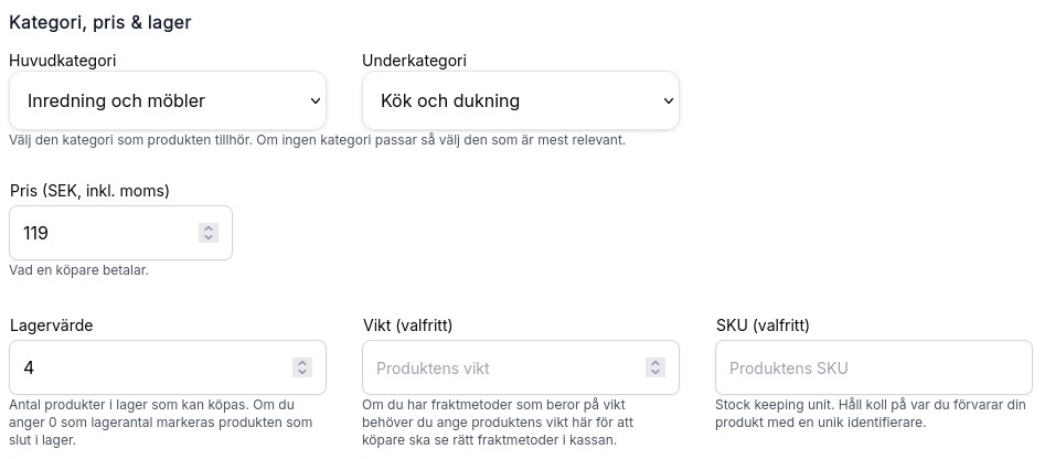 Kategorier, pris och lagervärden
