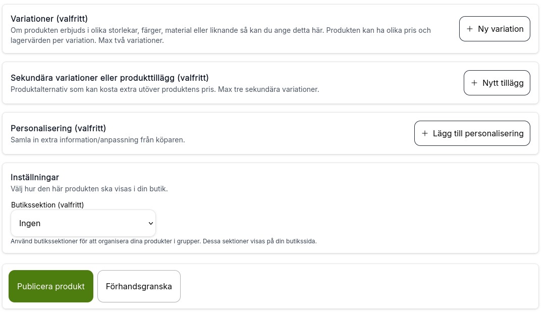 Produktvariationer och sektioner