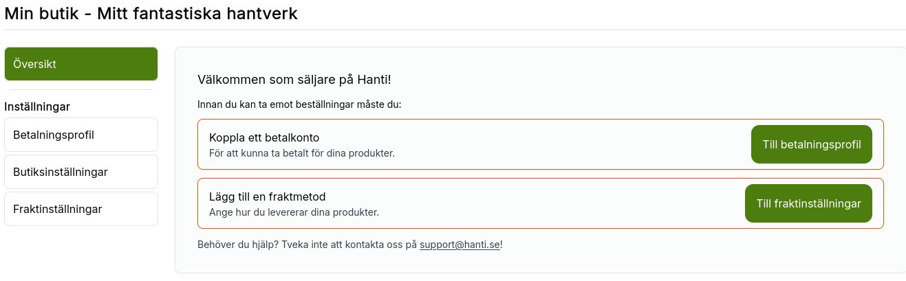 Administrationssidan för den nyskapade butiken med notiser om vad som behöver göras