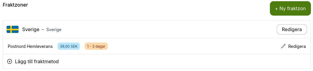 Fraktinställningar med en fraktmetod angiven