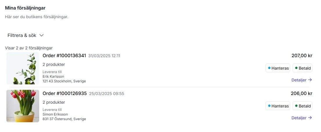 En lista med försäljningar och deras orderstatus
